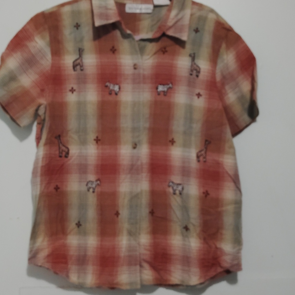 Victoria Jones Woman Burgundy and Tan Plaid Button Down Shirt